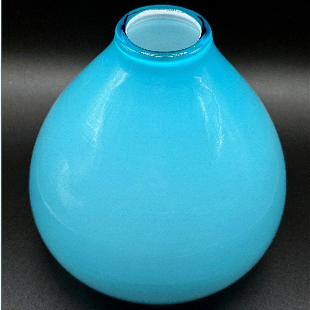 Crate & Barrel Blue Art Glass Bud Vase Hand Blown Aqua Turquoise Round Vase